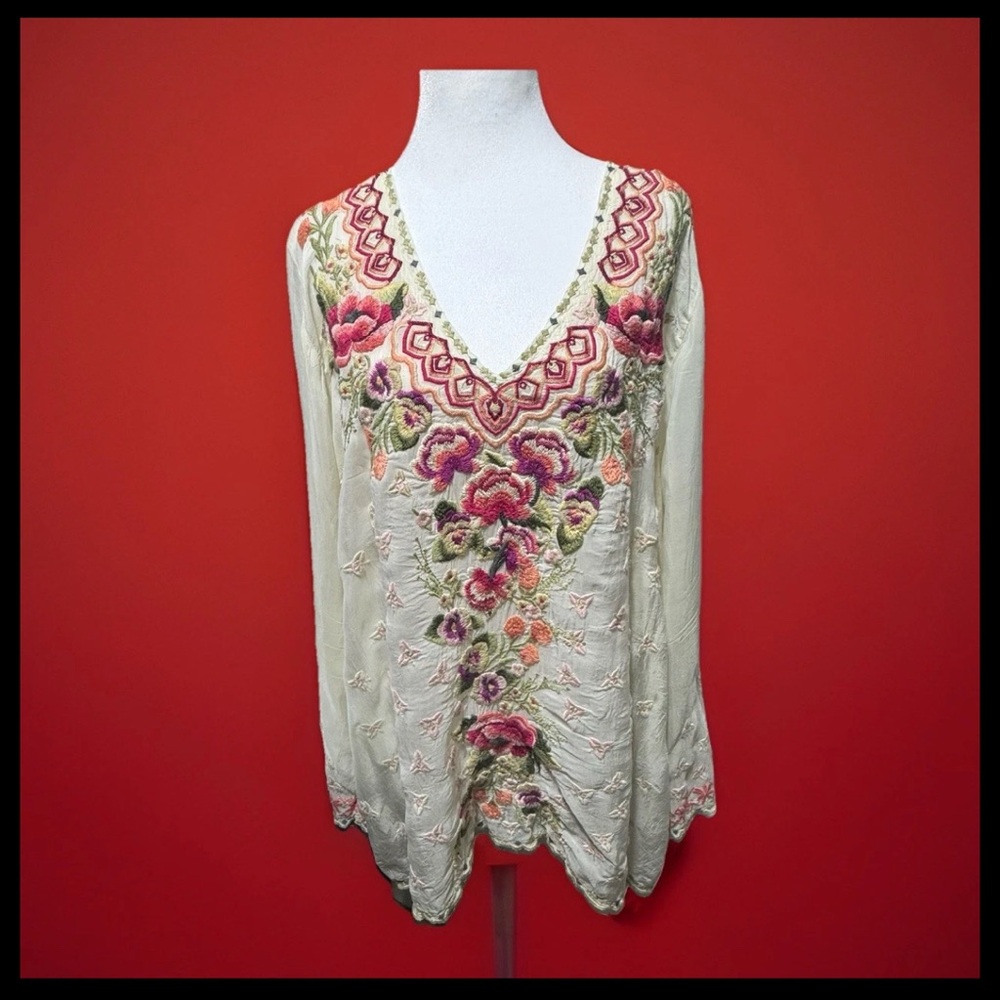 Johnny Was Embroidered Jaycee Tunic Top  Floral Bohemian Blouse Cupra Rayon XL